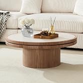 LKTART 35.43 Inch Round Coffee Table with Travertine Texture Sintered Stone Top, Mid-Century Modern Pedestal Center Table, Wood Coffee Tables for Living Room Bedroom Apartment, Easy Assembly, Walnut