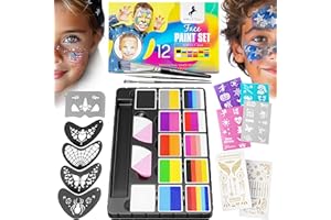 ADIS&GUYS ART SUPPLY ADIS&GUYS Face Painting Kit – 12 Professional Split Cake Colors, Water-Based & Non-Toxic, 3 Brushes, 40 Stencils, 2 Tattoo Sheets, 4 Sponges – Facepaint Kit for Kids & Professionals, Includes Stencils