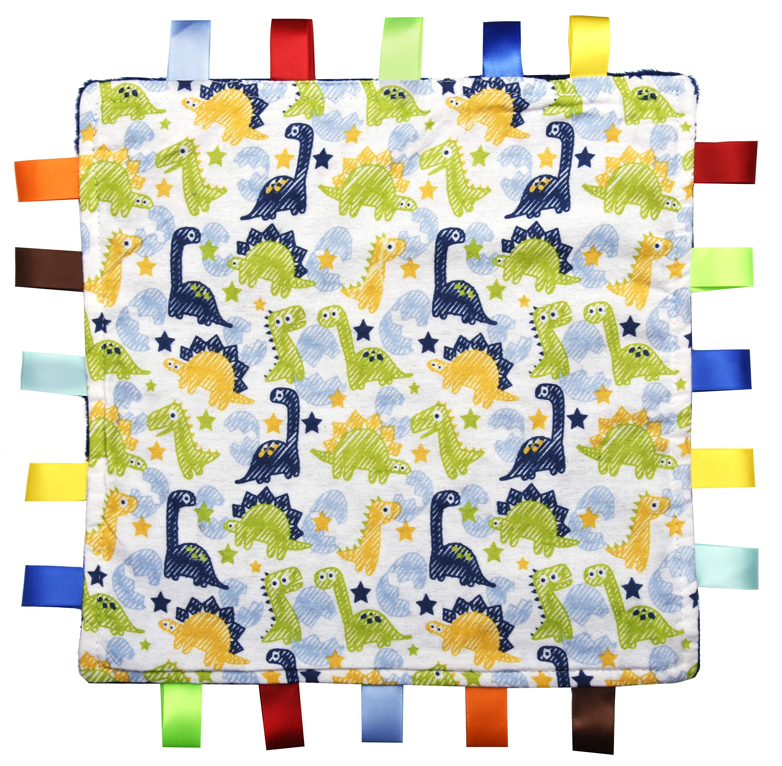 FOR THE LOVE OF LEISURE Blue Baby Tag, Taggy Blanket - Dinosaur Pattern Tag with Plain Blue Textured Underside