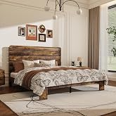 PAUKIN King Size Wooden Bed Frame with Headboard, Rustic Farmhouse Platform Bedframe with Wood Slat Support, Sturdy and No Noise, Easy Assembly (Brown, King)