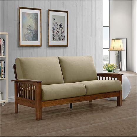 Amazon Com Traditional Mission Style Sofa Upholstered Soft Fabric Craftsman Design Squared Arms Slatted Sides Couch Tan Cherry Finish Solid Wood Frame 76 6 Living Room Furniture Home Decor Kitchen
