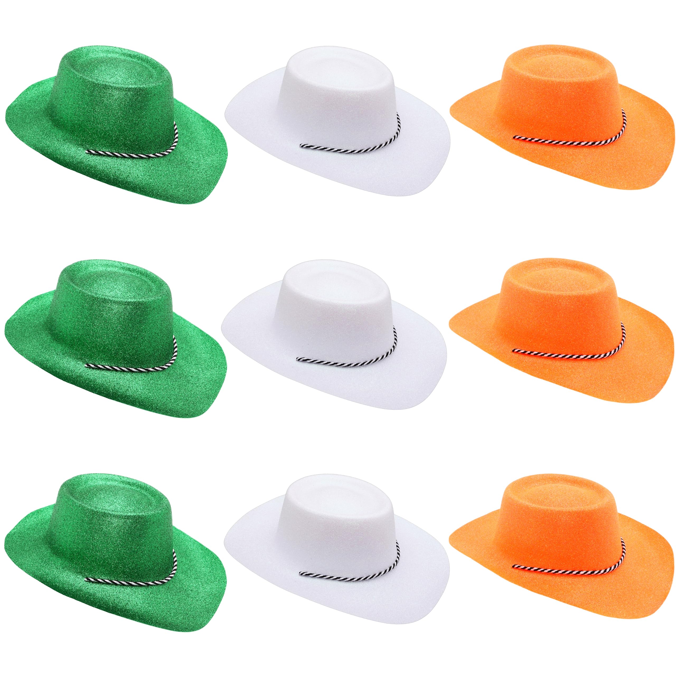 Toyland® Pack of 9 Glitter Cowboy Hats - 3 Green, 3 White & 3 Orange- Size 34cm (13") - Perfect for Euros, World Cup & Olympics