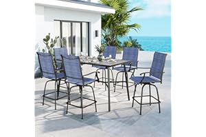 MFSTUDIO Patio Bar Set of 7, Outdoor Bar Height Table and Chairs, 1 x Heavy Duty Metal Slat High Top Bar Table with 6 x Swivel Outdoor Bar Stool, Navy Blue