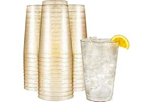 R-kay 14 oz Gold Glitter Plastic Cups For Party - 50 Pack Gold PLastic Cups - Hard Disposable Cups - Premium Heavy Duty Gold Cups - Disposable Cocktail Glasses - Party Cups (14 OZ)