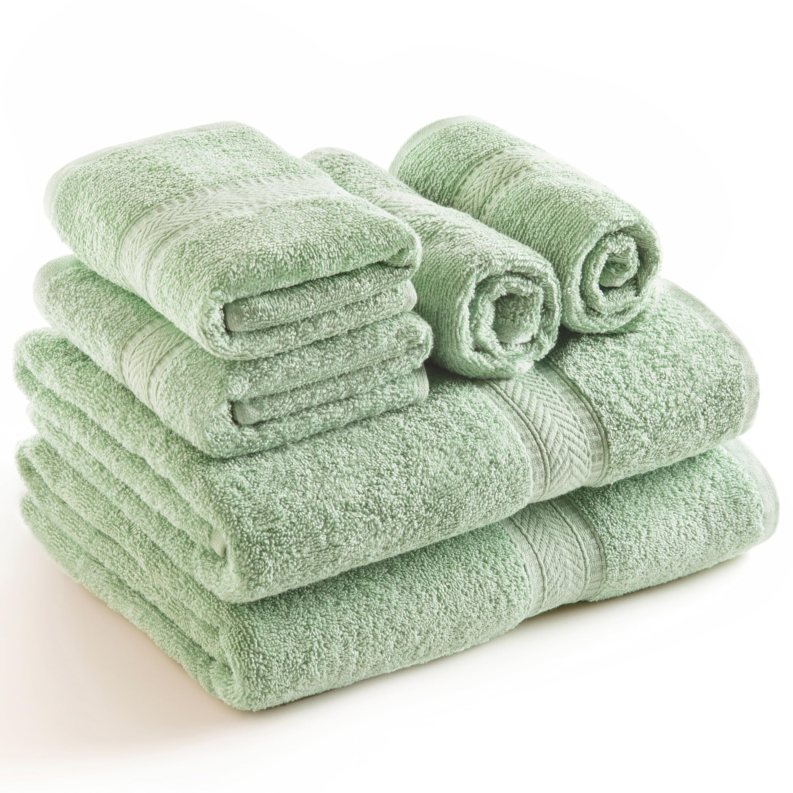 SweetNeedle 6 Piece Towel Set - 2 Bath Towels, 2 Hand Towels and 2 Washcloths Cotton Daily Use Hotel Spa Quality Soft Highly Absorbent Quick Dry Light Weight (Sage Green)