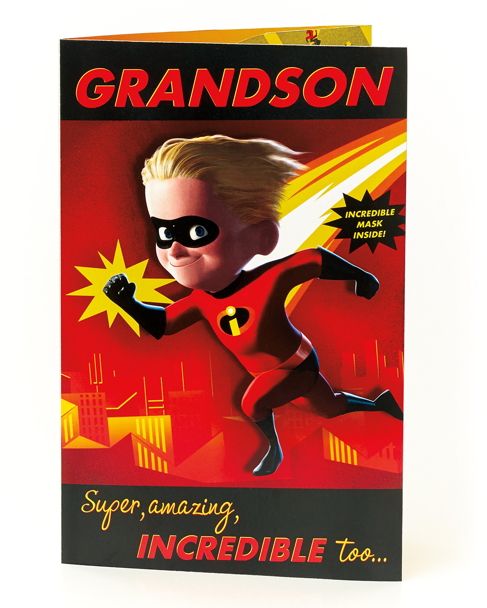 UK Greetings Grandson Birthday Card - The Incredibles Birthday Card for Grandson, Features Create Your Own Mask, Incredibles 2, Gifts for Grandson - Disney