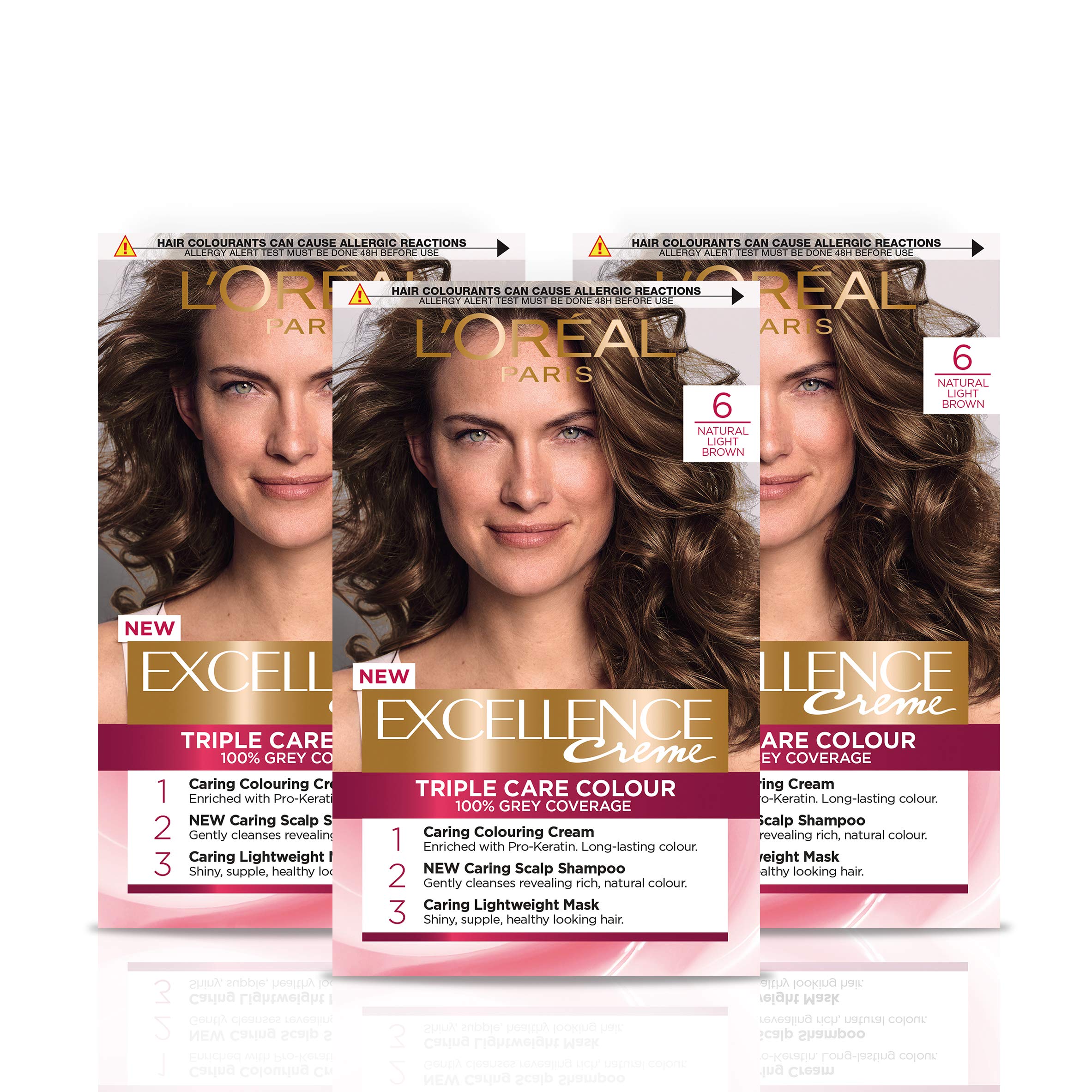 L'Oréal Paris Excellence Crème Permanent Hair Dye, Radiant At-Home Hair Colour with up to 100% Grey Coverage, Pro-Keratin, Up to 8 Weeks of Colour, Pack of 3, Colour: 6 Natural Light Brown