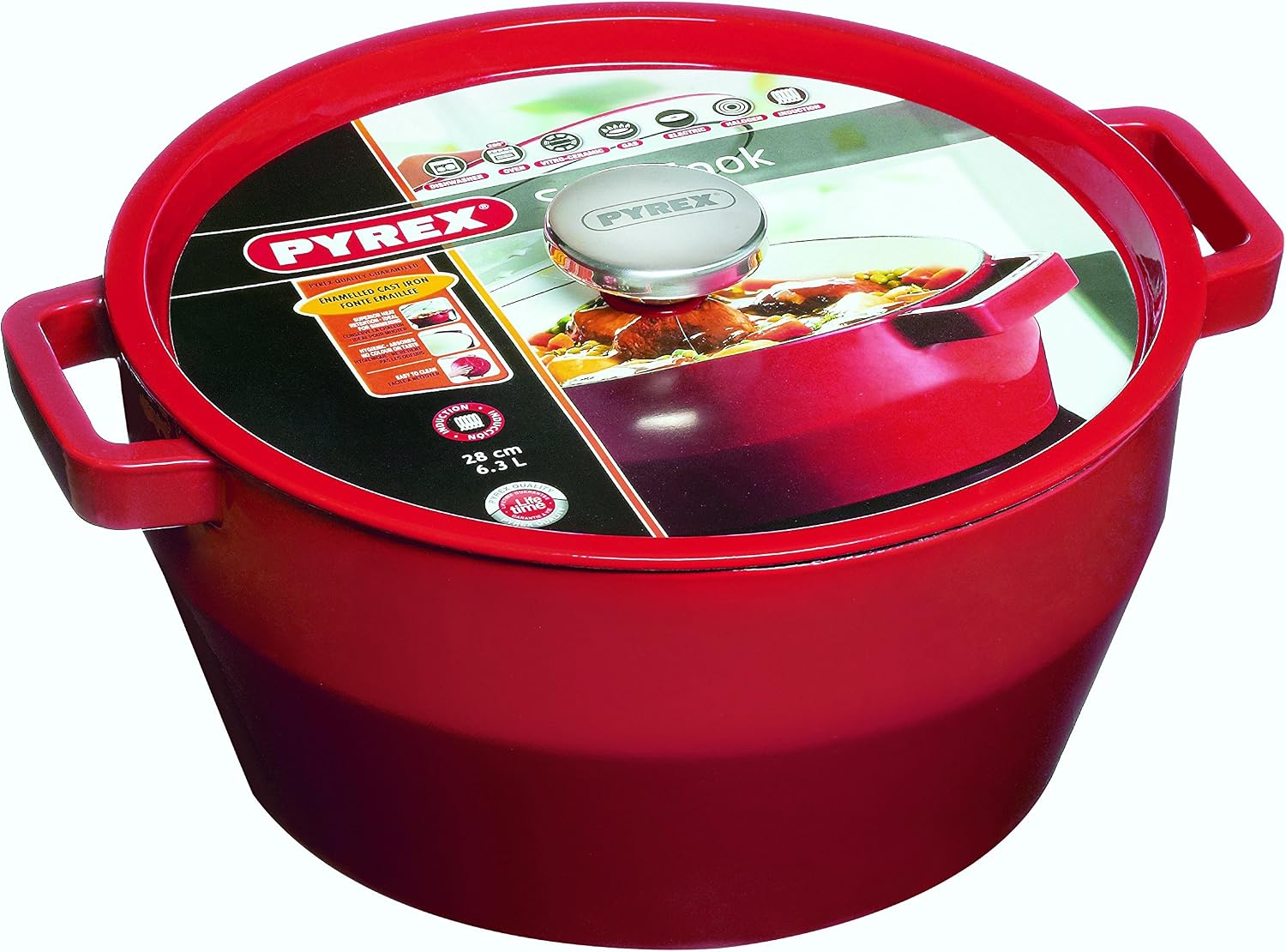 PYREX 28cm Slow Cook Casserole Cast Iron, Red, 28 cm - Image 4
