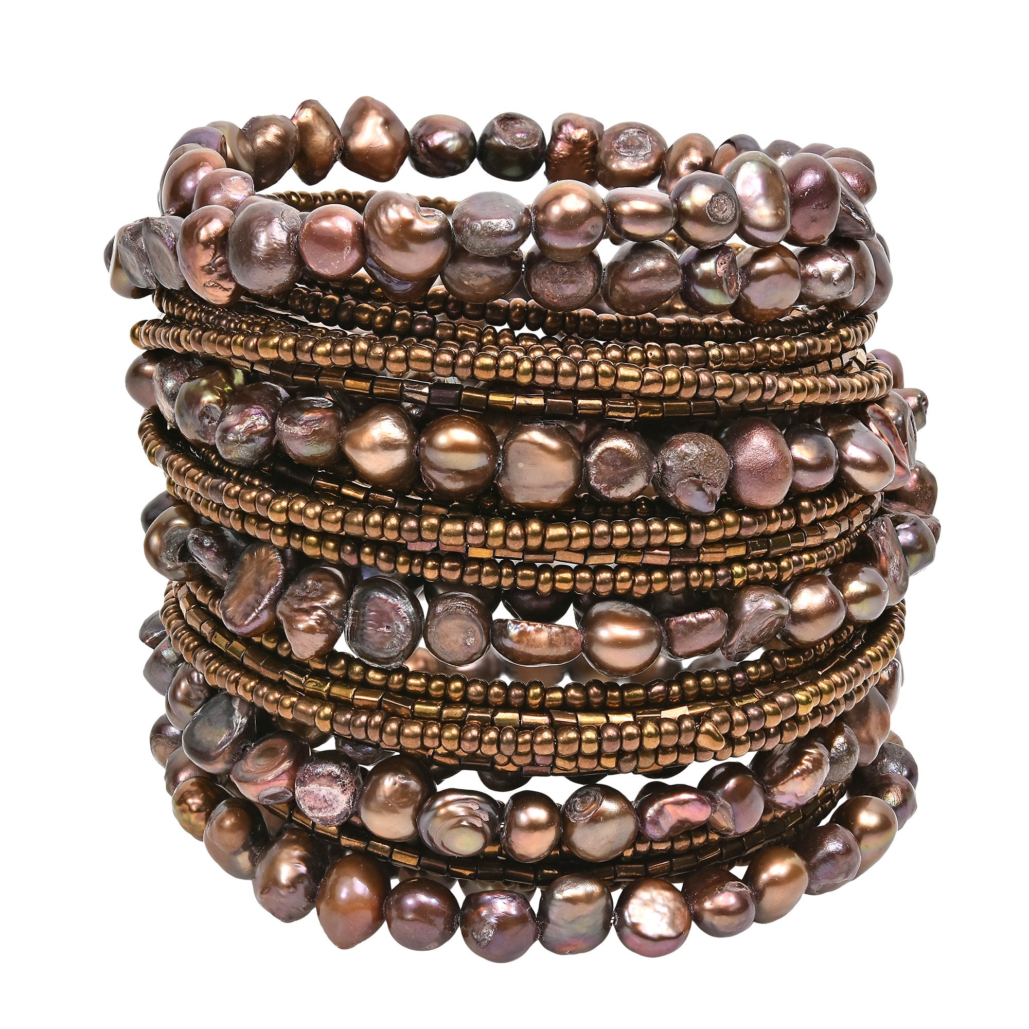 AeraVida Bohemian Brown Dyed Cultured Freshwater Pearl Multi-Strand Wrap Around Bracelet
