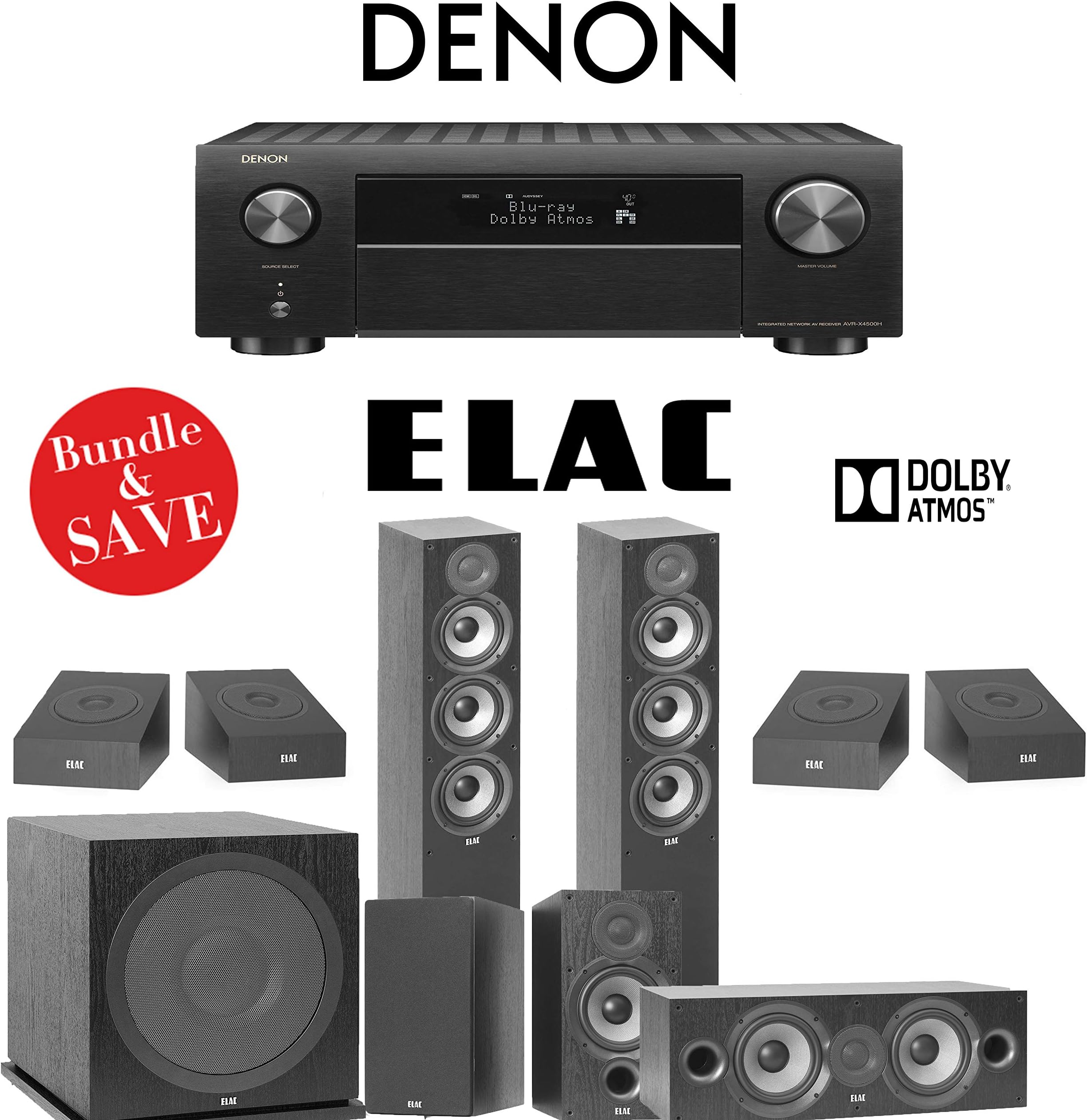 Elac F5.2 Debut 2.0 5.1.4-Ch Dolby Atmos Home Theater Speaker System with Denon AVR-X4500H 9.2-Channel 4K Network A/V Receiver