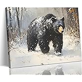 Woodland Bear Canvas Wall Art Nature Forest Black Bear Painting Picture Wall Decor Retro Rustic Snow Wild Animals Poster Print Artwork for Study Bathroom Bedrooms Living Rooms Home Decoration