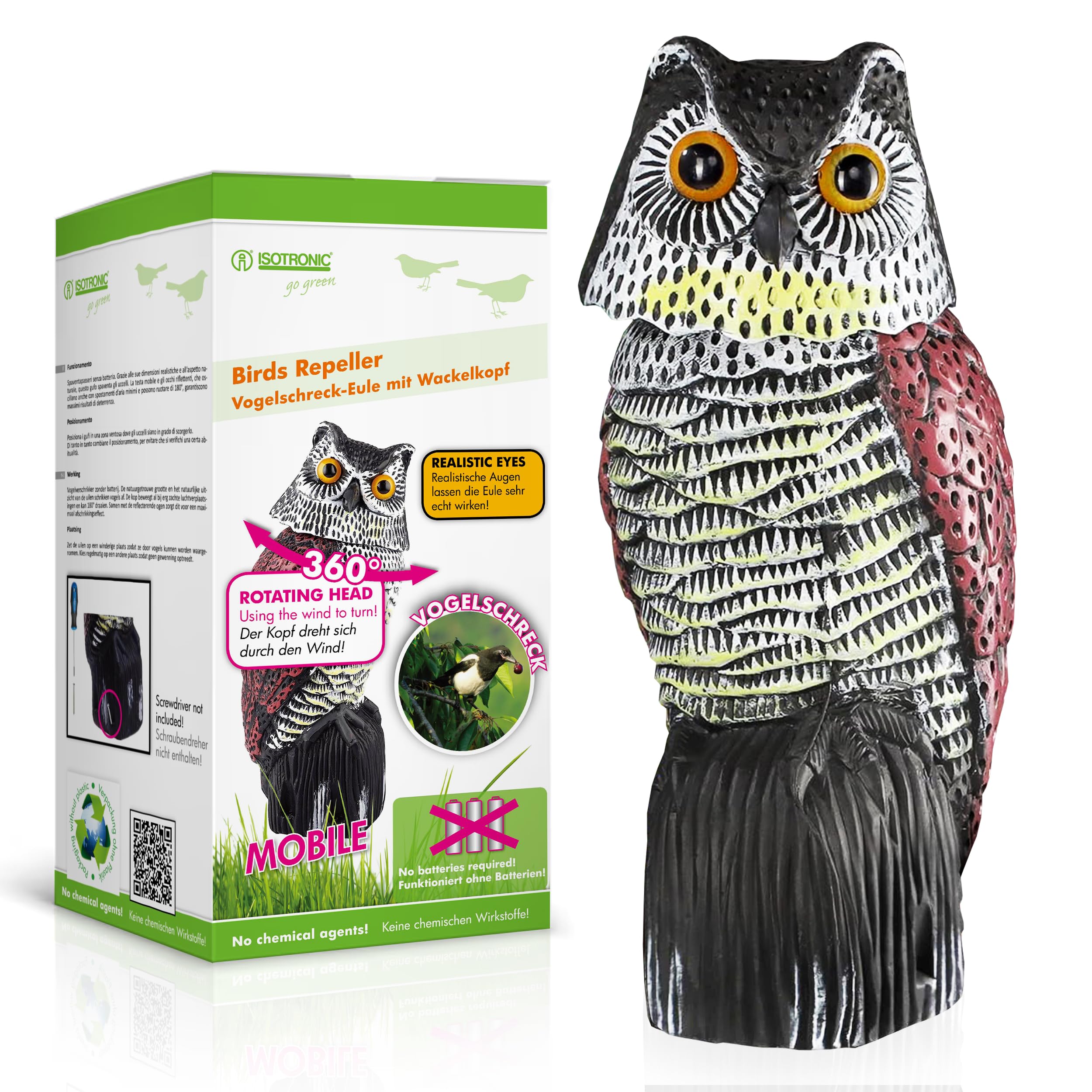 ISOTRONIC Pigeon Deterrent/Pigeon Repellent and Pigeon Deterrent Made of Recycled Plastic, Bird Repellent (Scarecrow Owl Figure with Reflector Eyes) (1, Multi-Colour)