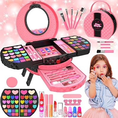 GOLMUD 66 Pcs Kids Makeup Set Portable Stand 3-12 Years Gift Pink Case