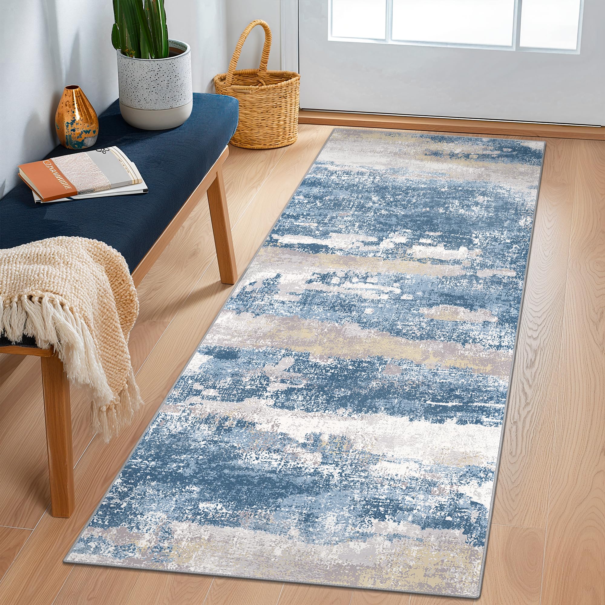 Photo 1 of BEIMO Runner Rug for Hallway Kitchen 2x6 Machine Washable Runners Rug for Entryway, Blue Cream Soft Modern Abstract Throw Rugs, Floor Carpet with Non Slip Rubber Backing
