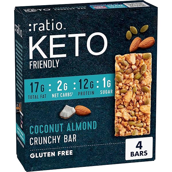 :RATIO KETO FRIENDLY CRUNCHY BARS, COCONUT ALMOND, GLUTEN FREE SNACK, 4 CT