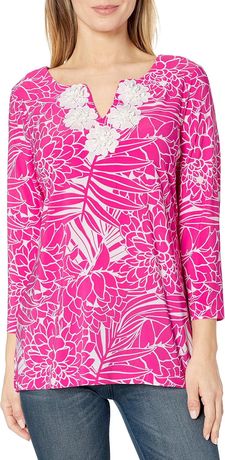 Pappagallo Women's The Trishia Top Blouse, Tropical Pink/Natural White