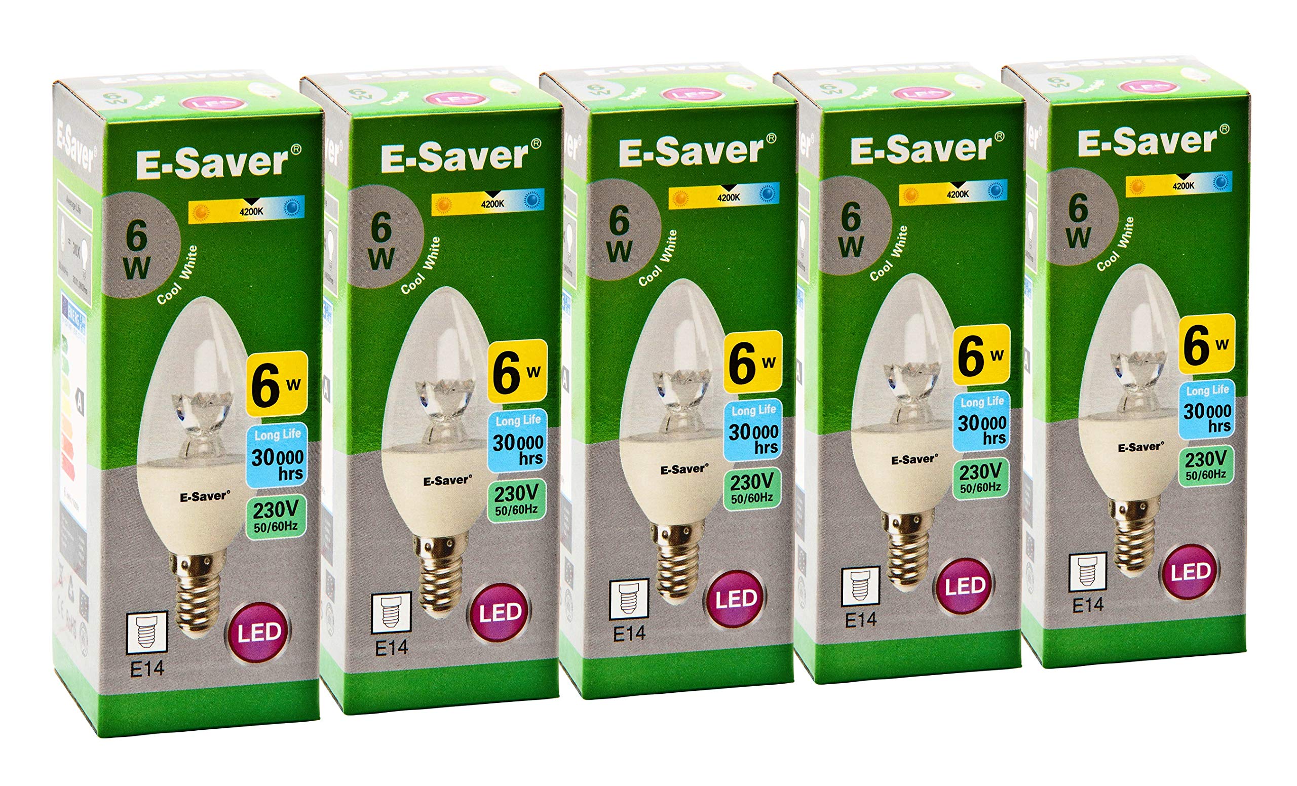 E-Saver - LED C37 Clear Candle 6w- Led Light Bulbs - (Pack of 5) - 4200k Cool White LED Bulbs - E14 - Small Edition Screw (SES) - Replaces 60w Halogen Candles - New Chip Technology - Non Dimmable