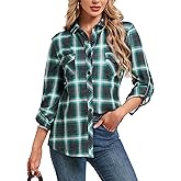 Oyamiki Womens Casual Cuffed Long Sleeve Boyfriend Button Down Plaid Flannel Shirt Tops