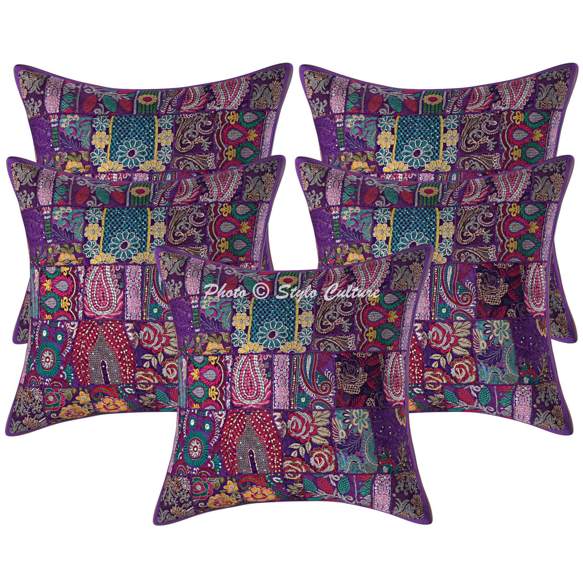 Stylo Culture Ethnic Cotton Vintage Fabric Patchwork Boho Scatter Cushion Covers Large 24 x 24 Inch Purple Abstract 60 x 60 cm Embroidered Square Sofa Couch Floral Throw Pillowcases - (Set Of 5 Pcs)