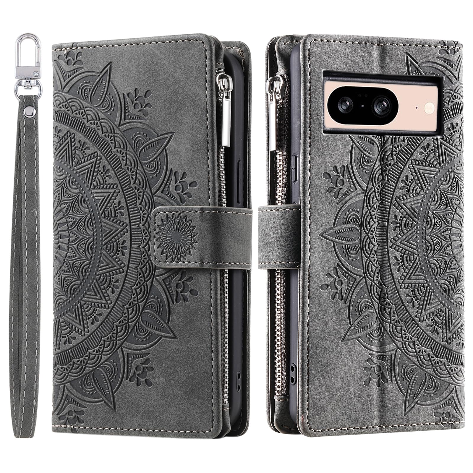 VEEMOS Wallet Case for Google Pixel 8 Flower Flip Case Protective Leather Folio Book Phone Cover with Card Slots Kickstand Zipper Pocket - Grey
