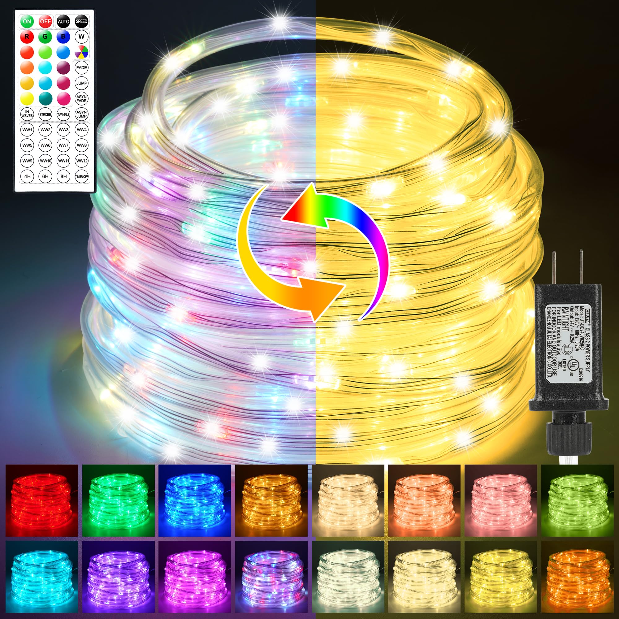 Photo 1 of 33FT Rope Lights Outdoor Color Changing, Warm White Rope Lighting 100 LED String Lights Plug in with Remote, 30 Colors Rope Light for Indoor Garden Patio Camping Room Landscape Tree Christmas Décor