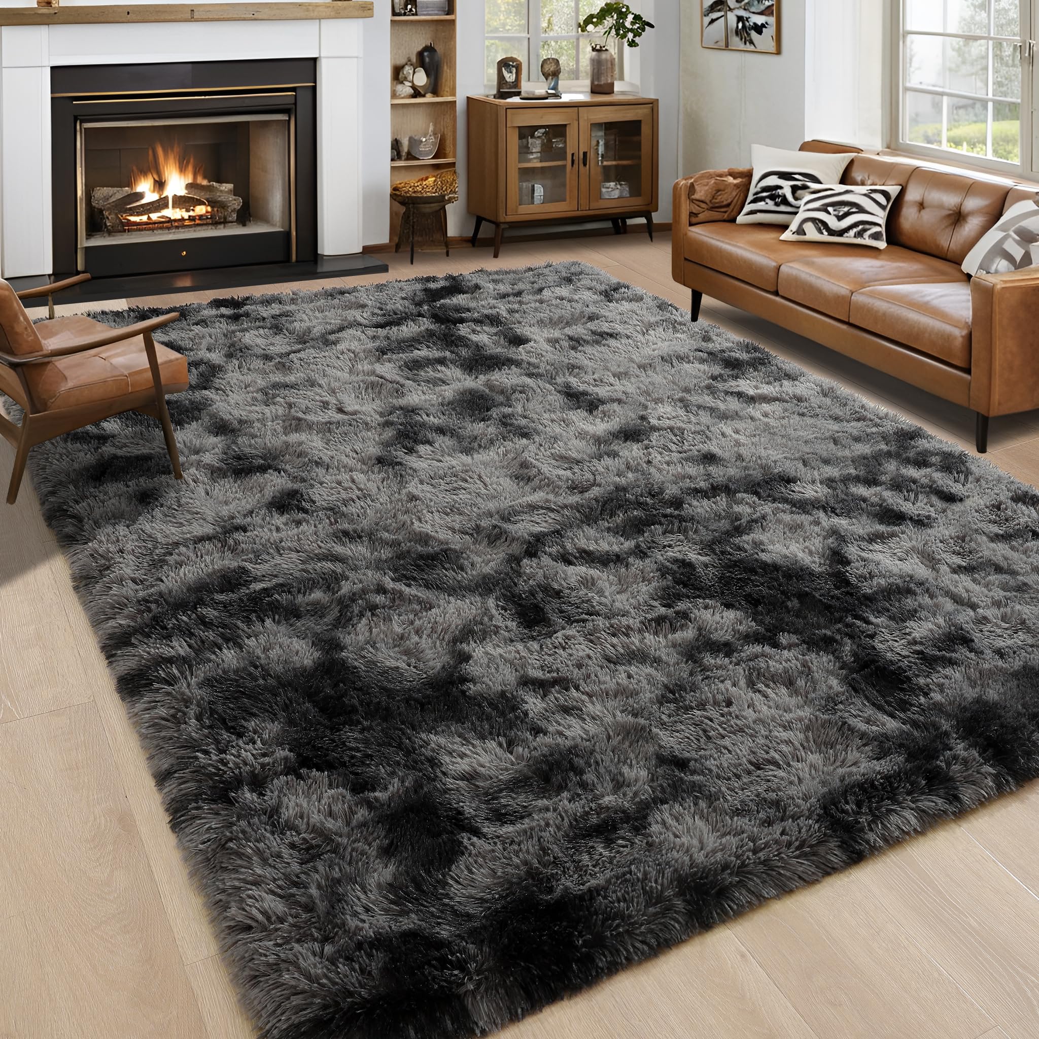 Photo 1 of Noahas Large Fluffy 8x10 Area Rugs for Living Room Bedroom,Tie-Dyed Dark Grey Thick Shag Throw Rug,Big Soft Shaggy Bedside Non-Slip Plush Dorm Nursery Kids Carpet
