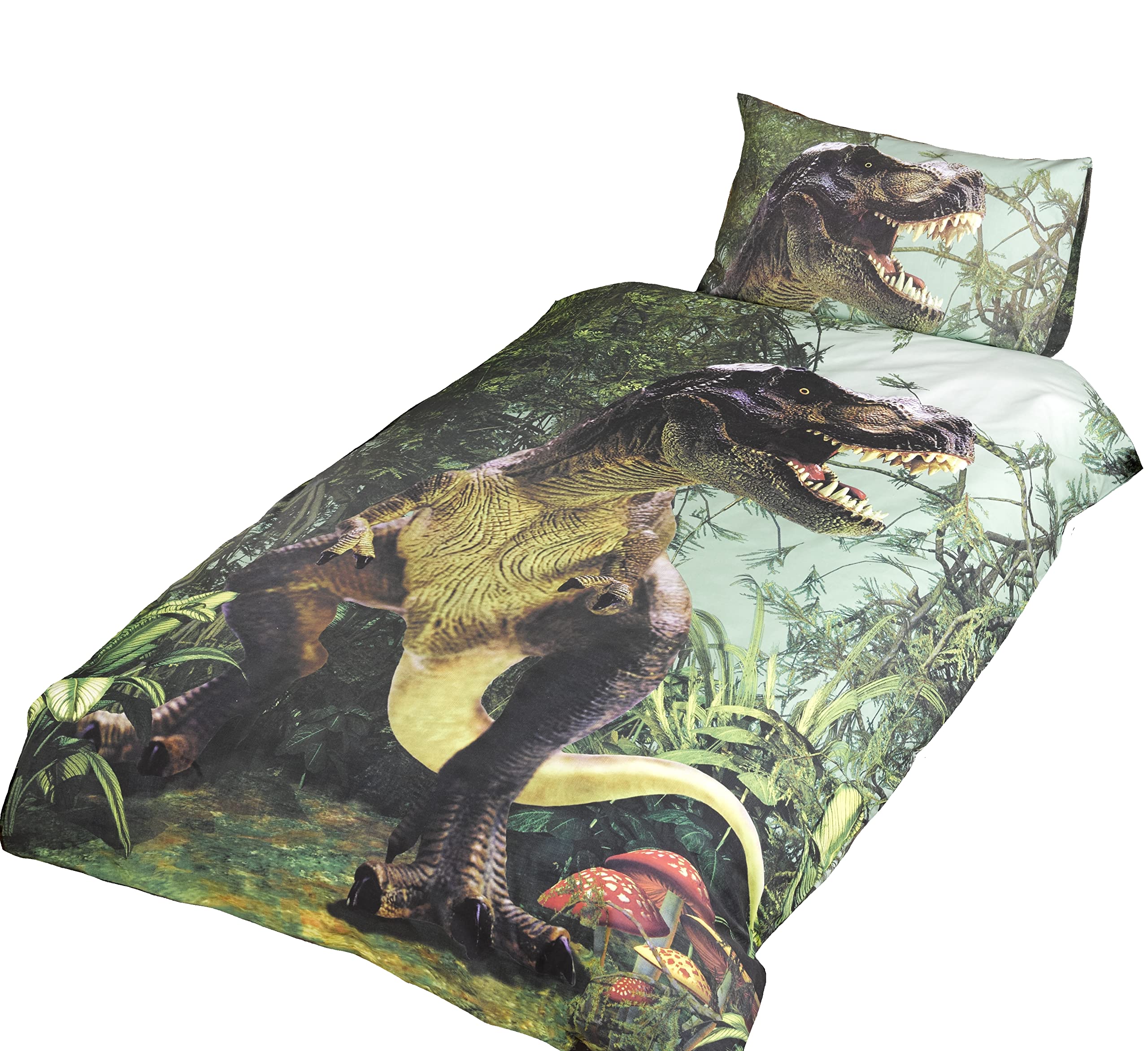 Rapport Home Kids' T-Rex Dinosaur Duvet Cover Set – 2-Piece Jungle Theme Single Bedding with Photographic T-Rex Print, Soft & Easy Care (135 x 200 cm)
