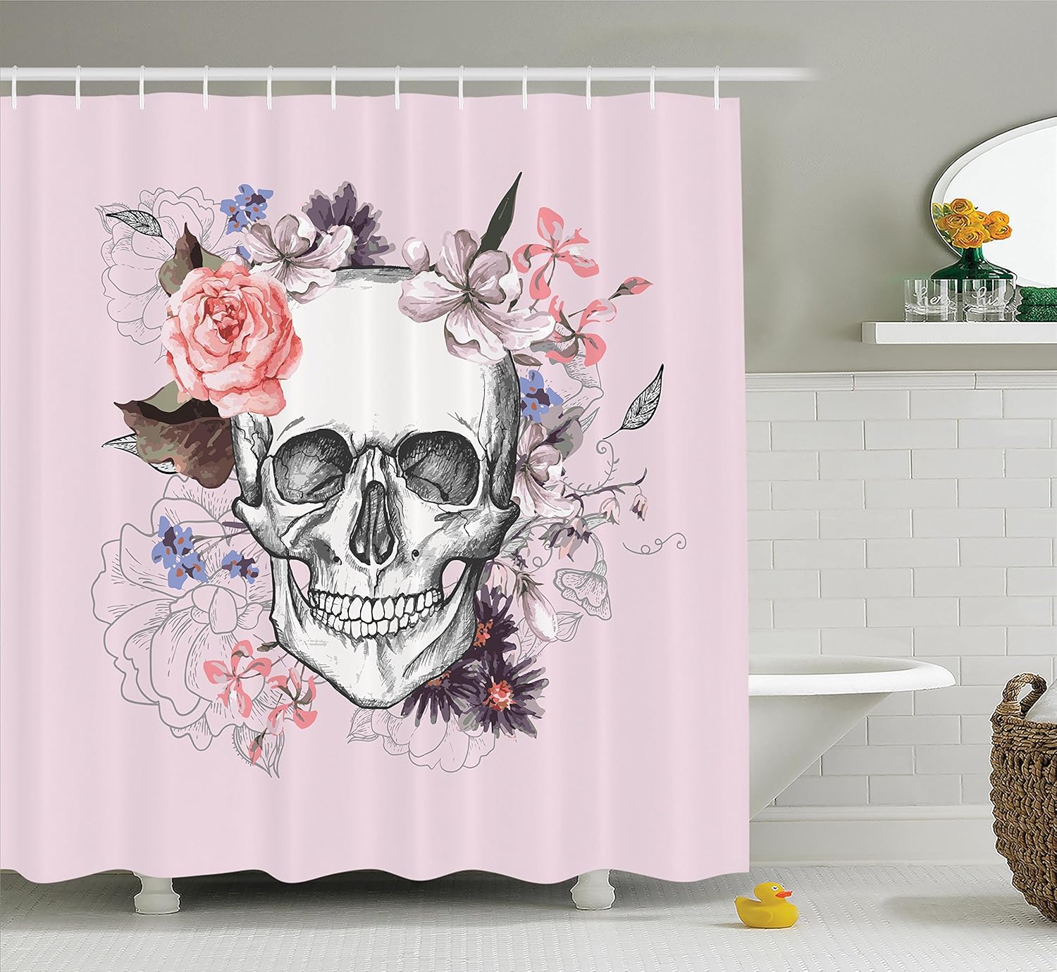 Skull Shower Curtain by Ambesonne, Skull and Blooms