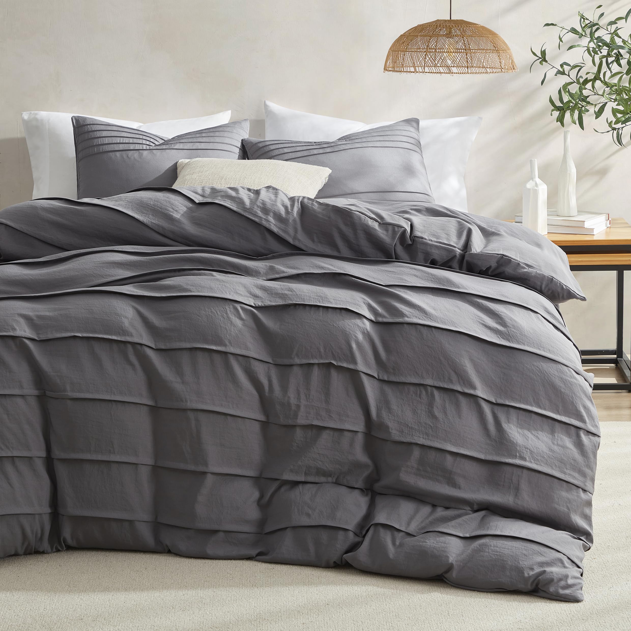 Photo 1 of Oli Anderson Grey Duvet Cover King Size - Pleated King Duvet Cover, 3PCS Soft and Breathable Textured Bedding Set with Zipper Closure(Grey,104"x90")
