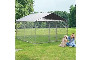 FKLUG Outdoor Dog Kennel with Cover, Large Dog Run Fence House Big Cage Pen Enclosure, Heavy Duty Dogs Play Cage Pen Kennel (118" L x 118" W x 83" H)