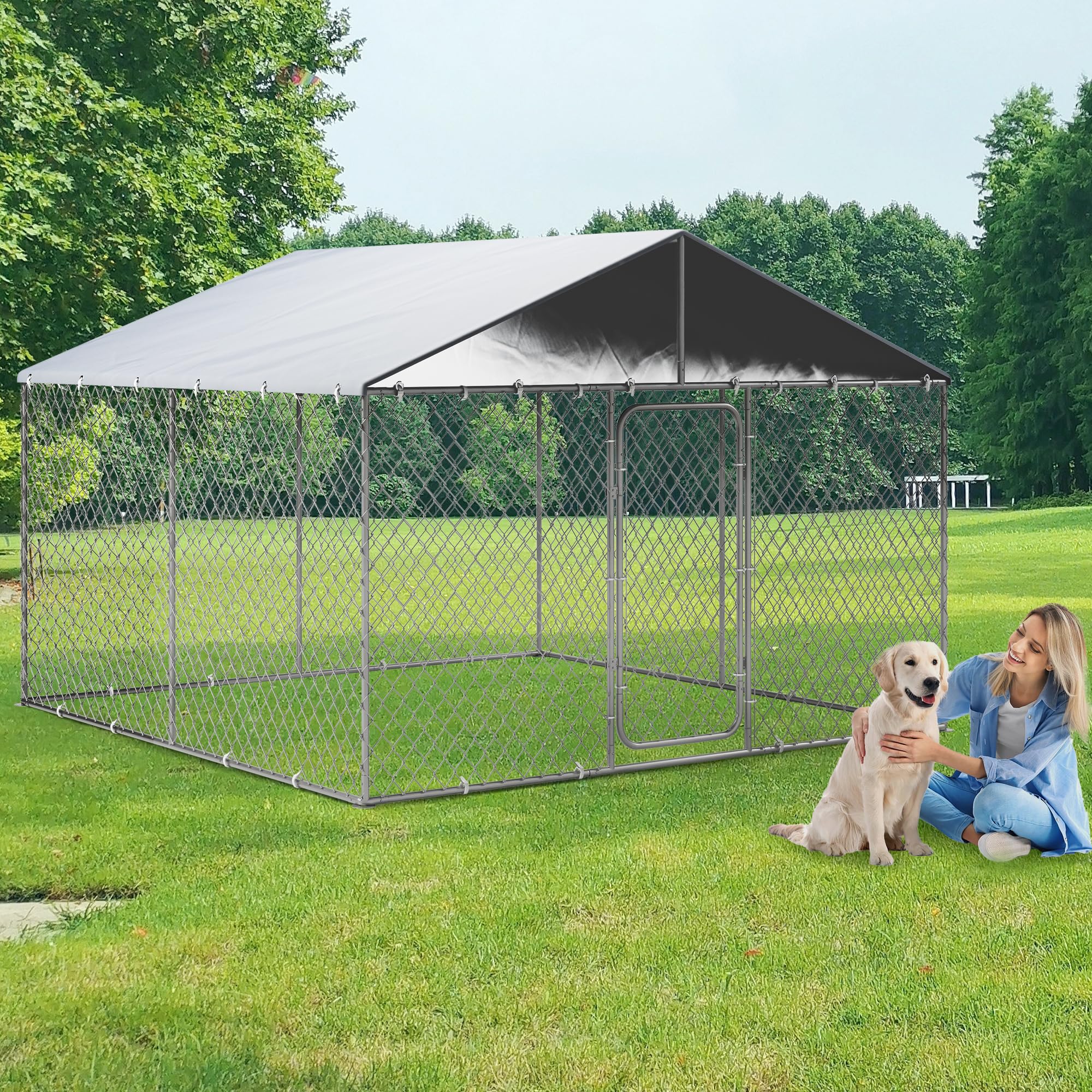 Photo 1 of ****STOCK PHOTO, ITEM/ COLOR MAY VARY**** FKLUG Outdoor Dog Kennel with Cover, Large Dog Run Fence House Big Cage Pen Enclosure, Heavy Duty Dogs Play Cage Pen Kennel (118" L x 118" W x 83" H)