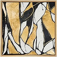 SIGNWIN Framed Canvas Wall Art Black, Gold, White Lines and Color Blocks Abstract Brushstroke Oil Painting Modern Art Chic Expressive for Living Room, Bedroom, Office - 16x16 inches