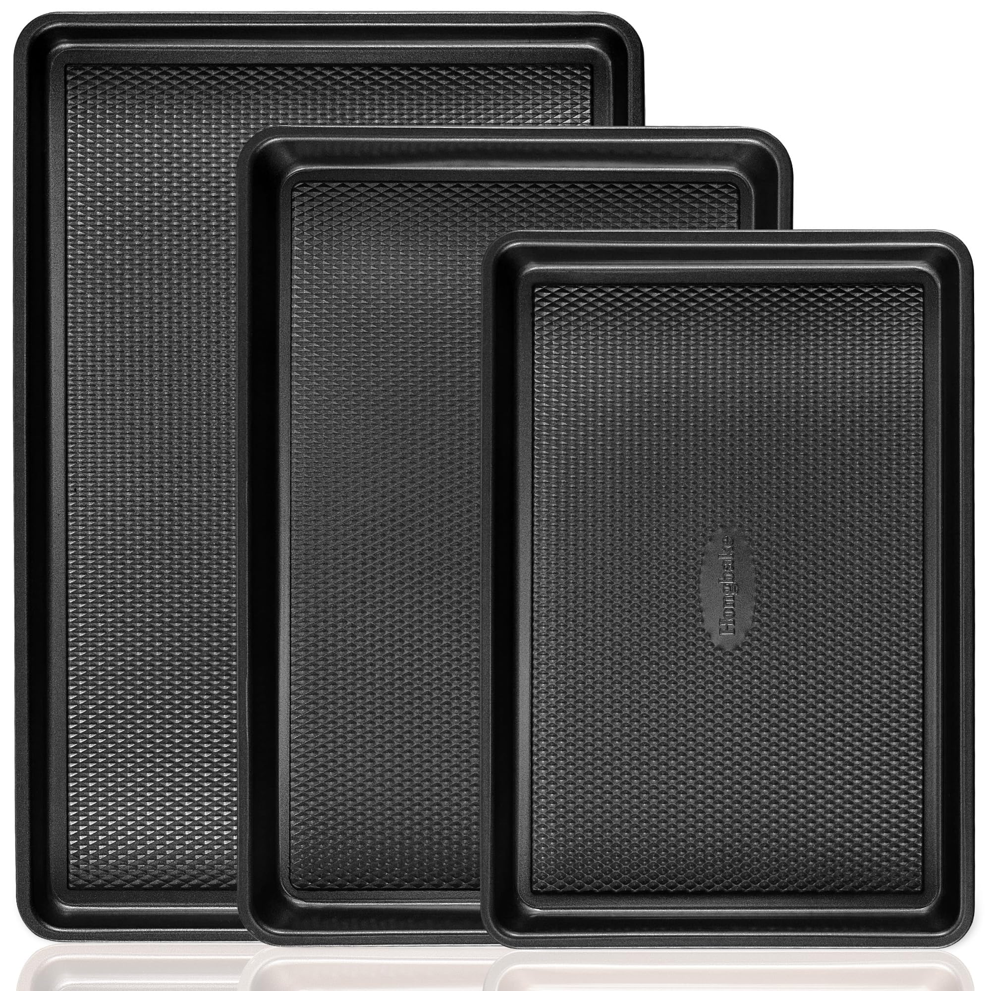 Photo 1 of Cookie Sheets for Baking Nonstick - HONGBAKE Baking Sheet Pan Set of 3, Half/Quarter/Jelly Roll Pan for Oven with Diamond Texture Pattern, 57% Thicker Carbon Steel Cookie Trays, Dark Grey