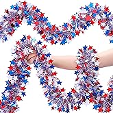 52.5Ft Patriotic Glitter Tinsel Garland Decoration, Red White Blue Star Metallic Tinsel Twist Garland, 4th of July Decor Parade Golf Cart Shiny Tinsels for Car Bike Independence Day Memorial Day Decor