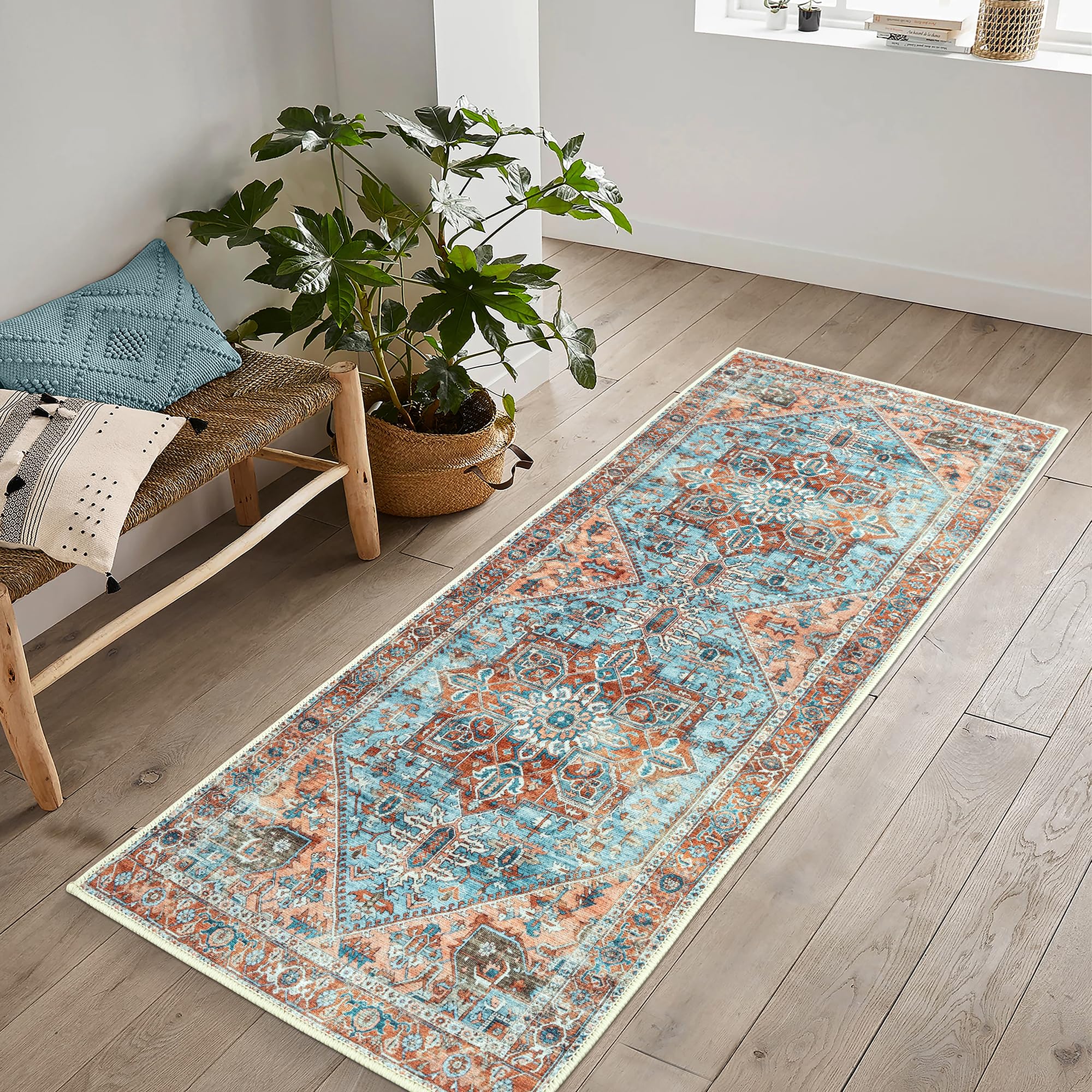 artyrugs Machine Washable Rug, 60x180cm, 75% Recycled Cotton, Short Pile, Non-Slip Backing, Non-Shedding, Suitable for Bedroom, Kitchen, Hallway, Office, Runner, Cyan Blue & Salmon