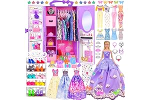 Doll and Accessories Doll with Closet Including-one 11.5 inch Girl Doll, 9 Looks, Rack Dress Shoes Hangers Necklace and Other