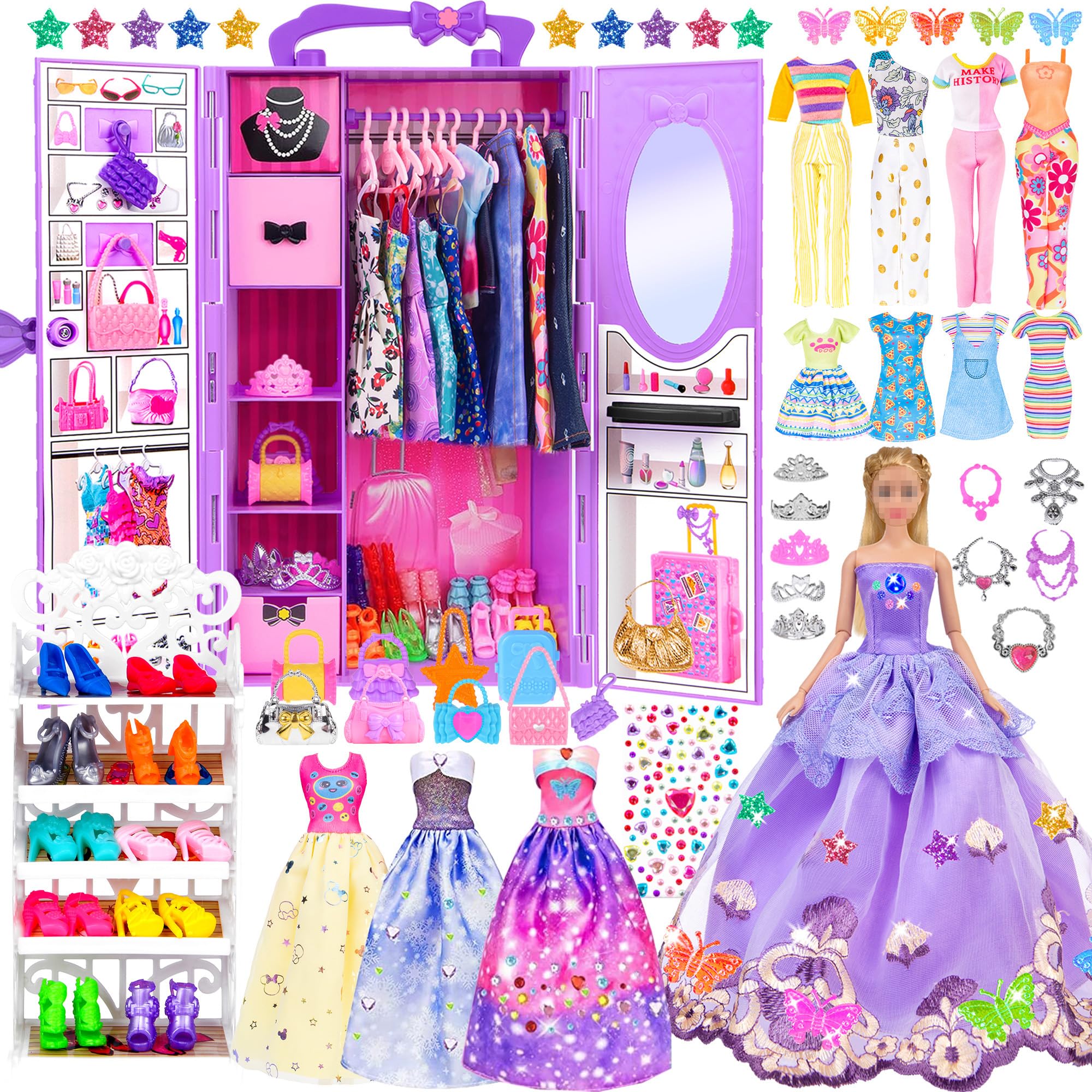 91pcs 11.5 inch Girl Doll with Clothes Accessories and Closet, Princess Gowns, Fashion Dresses, Outfits ,Swimsuits, Shoes, Hangers, Doll Dress up toys for Girls Kids Toddlers Toy Gifts