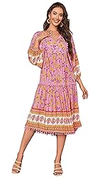 HECCPLI Women's Bohemian V Neck Floral Print A-line