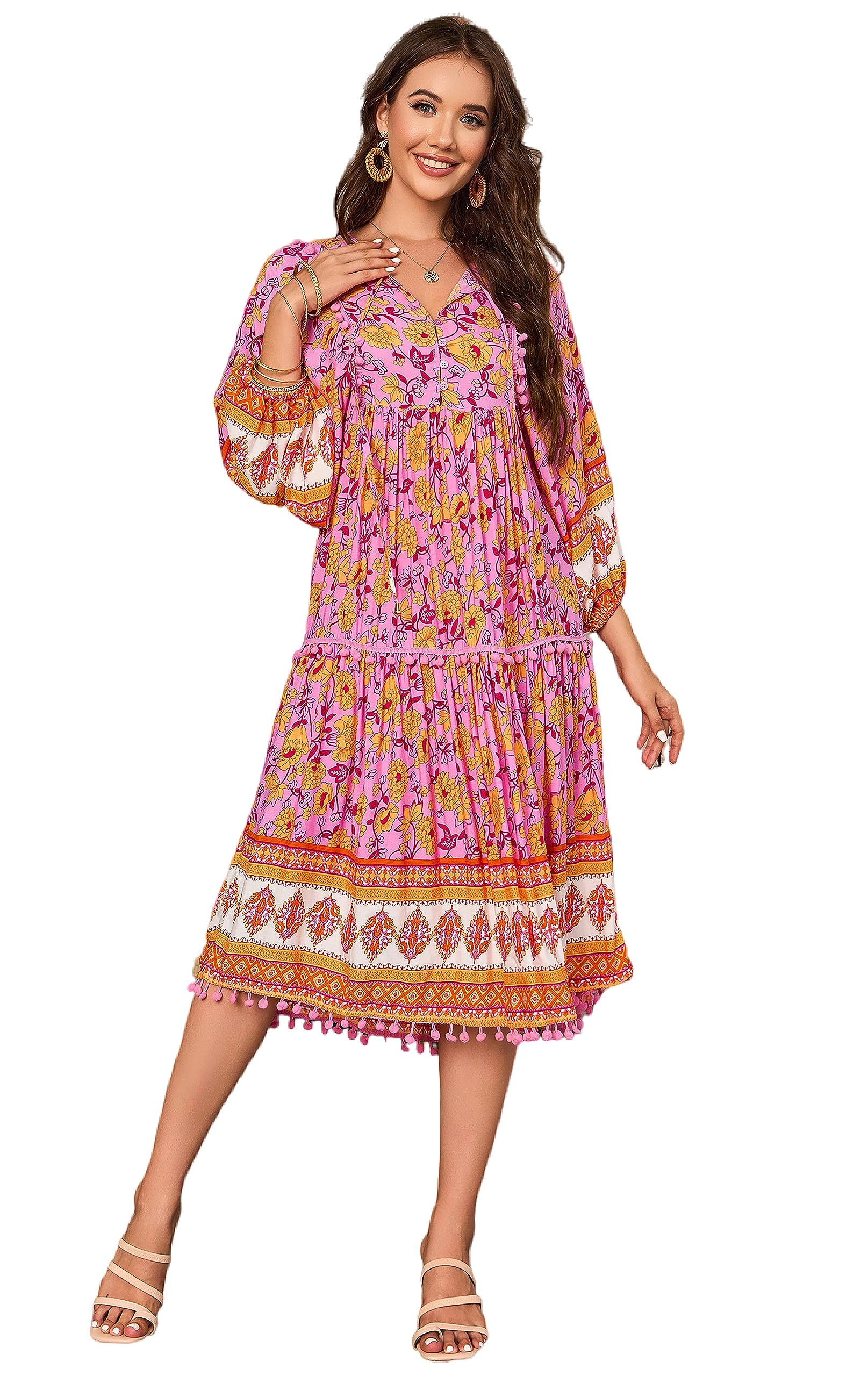 HECCPLI Women's Bohemian V Neck Floral Print A-line