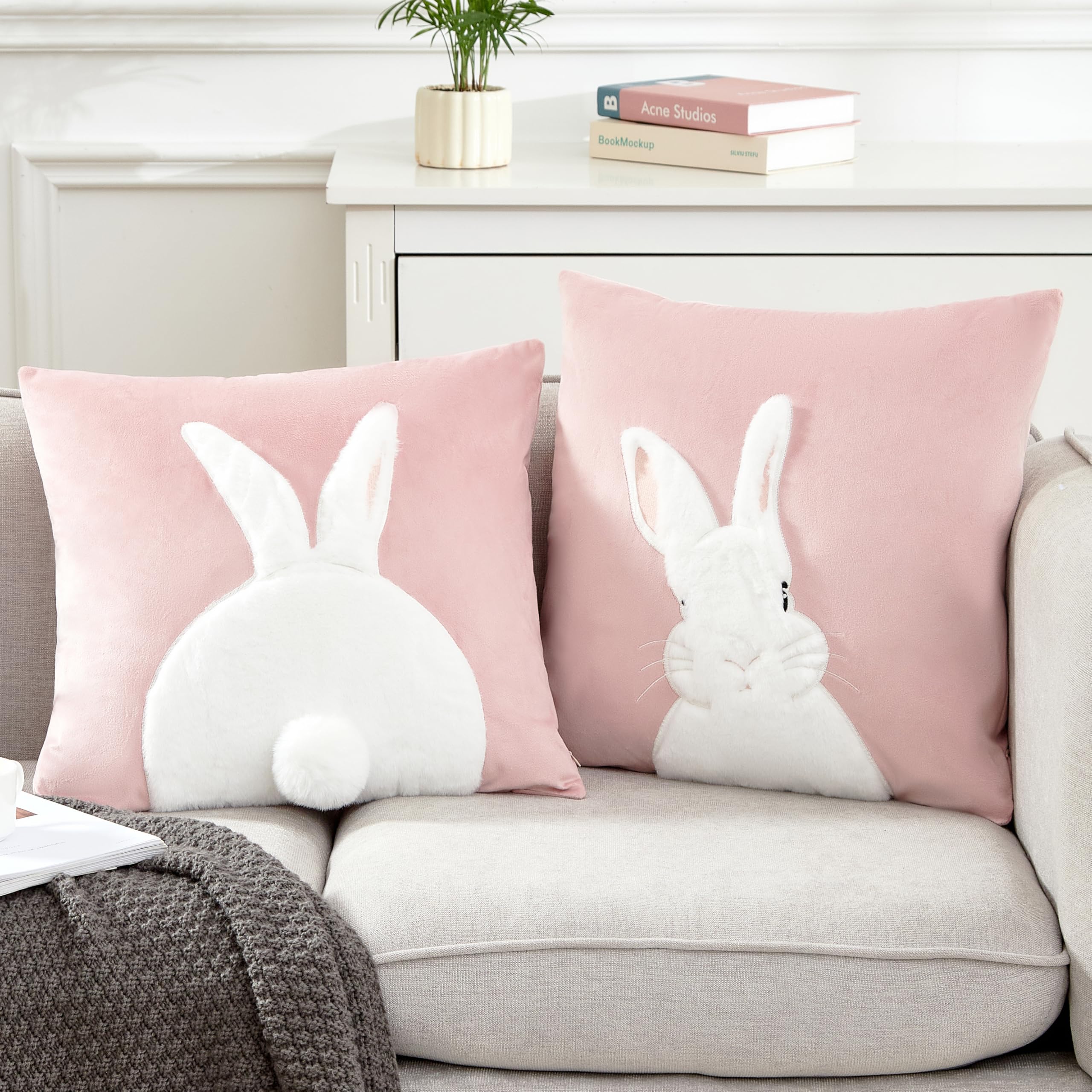 Arciveberg Pack of 2 Spring Easter Pillow Covers 18x18 Inch,3D Embroidered Bunny Rabbit Throw Pillowcase Velvet Easter Decorative Throw Covers Cushion Cover (Pink-2PCS)