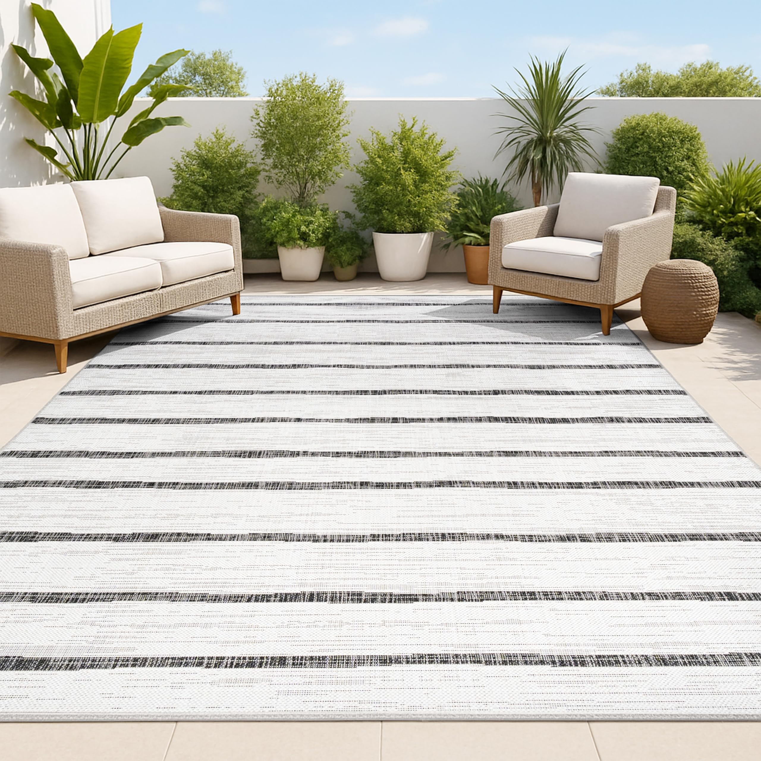 JONATHAN Y Berber Stripe Indoor Outdoor Area Rug 9X12 Ivory/Black, Colonia for Backyard, Patio, Porch, Easy-Cleaning, High Traffic, Pet-Friendly, Non-Shedding (SMB125D-9) Image