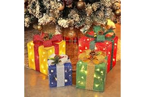 LJLNION Set of 4 Christmas Lighted Gift Boxes Decorations, Pre-lit Tinsel Present Box with Bowknot(Red Green Yellow Blue), Light Up Xmas Tree Skirt Ornament, Indoor Outdoor Plug in for Home Holiday Party