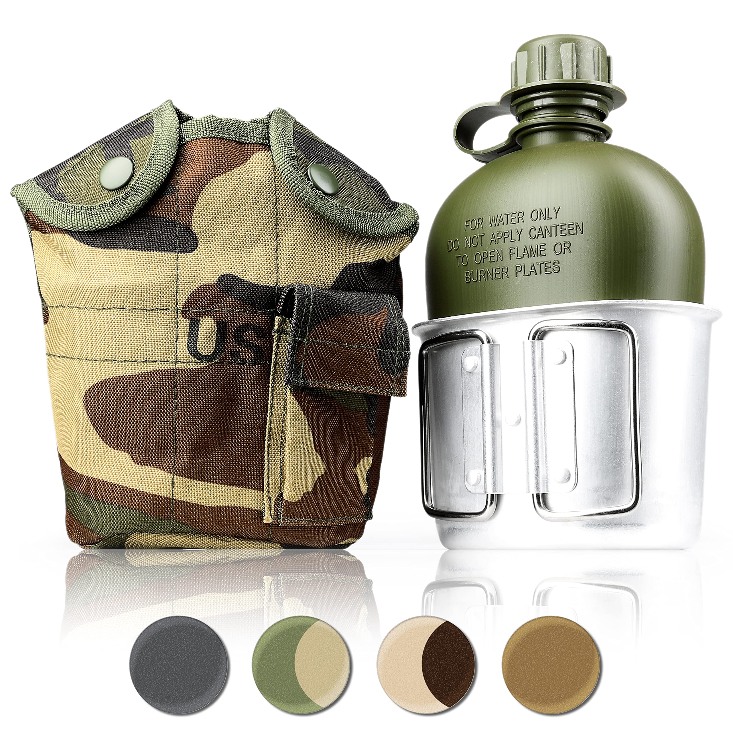 Water Bottle 1 Litre Aluminium/, German Armed Forces Bottle Travel Bottle + Fabric + Drinking Cup Cooking Holder Bag Army Green/Camouflage Ganzoo