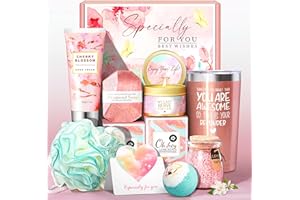LUCOTIYA Birthday Gifts for Women - Gifts for Women Basket Set 20OZ Rose Gold Wine Tumbler, Candle, Diamomd Soap, Hand Cream, Bath Bomb, Loofah, Bath Salt, Greeting Card