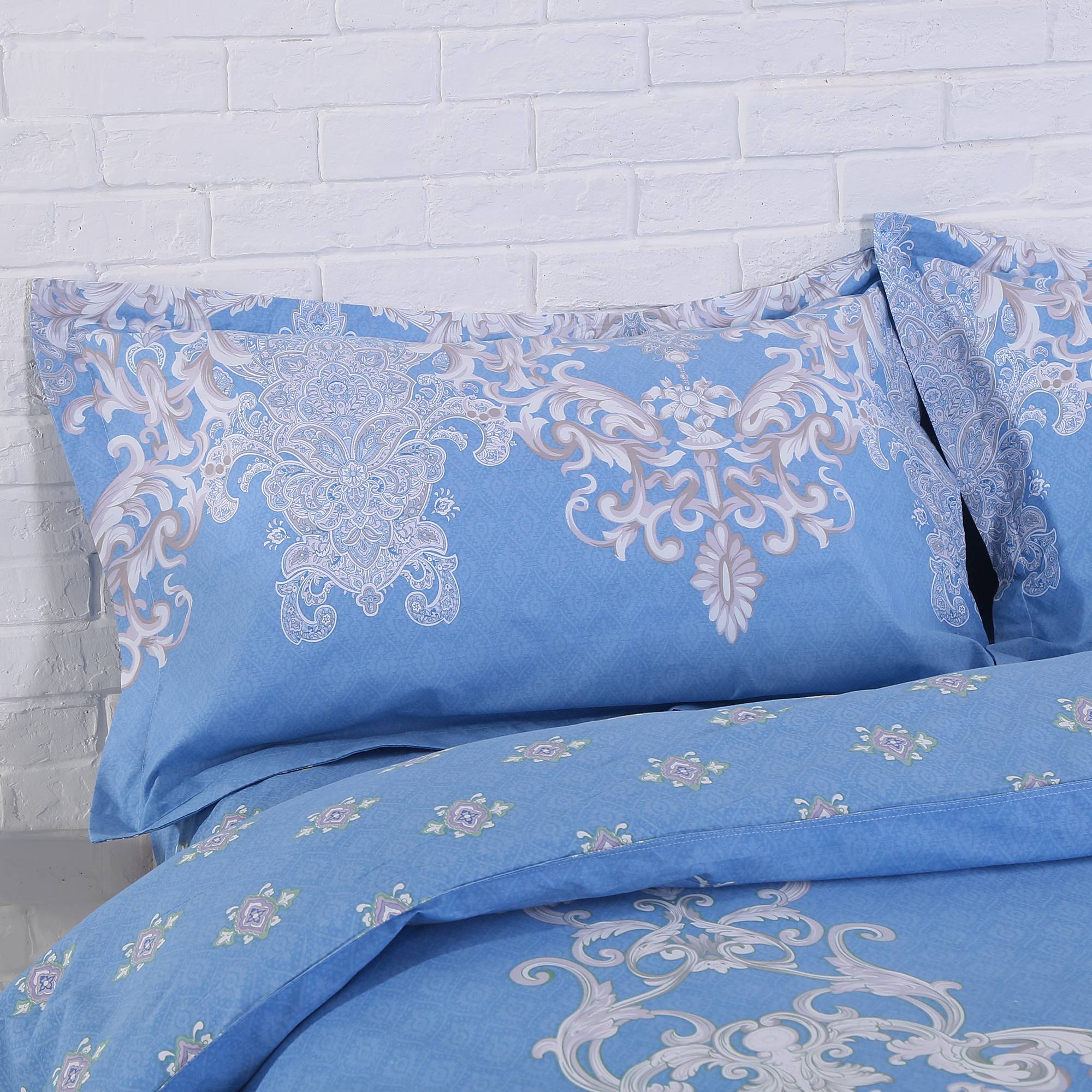 3-Piece Duvet Cover Set, Bohemian Style 100% Cotton Blue Floral Pattern Bedding Quilt Set (90\