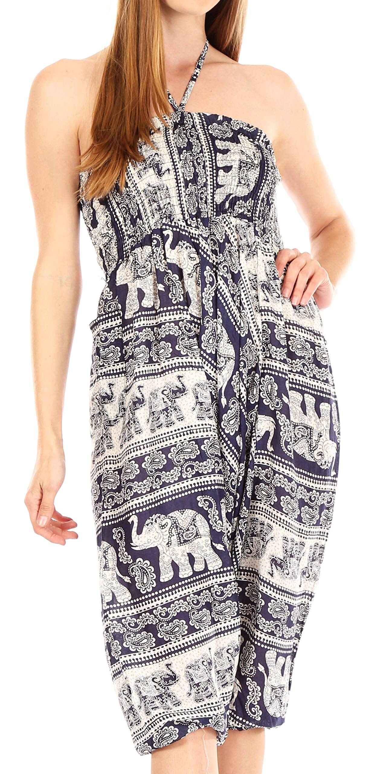 Sakkas TH19017 - Valdis Women's Boho Harem Loose Baggy Jumpsuit Pants Elephant Smock Elastic - E-Navy - OS