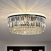ALOADECOR 5 Light W24 Modern Oval Tierd Crystal Flush Mount Ceiling Light in Matte Black Glam Round Raindrop Close to Ceiling