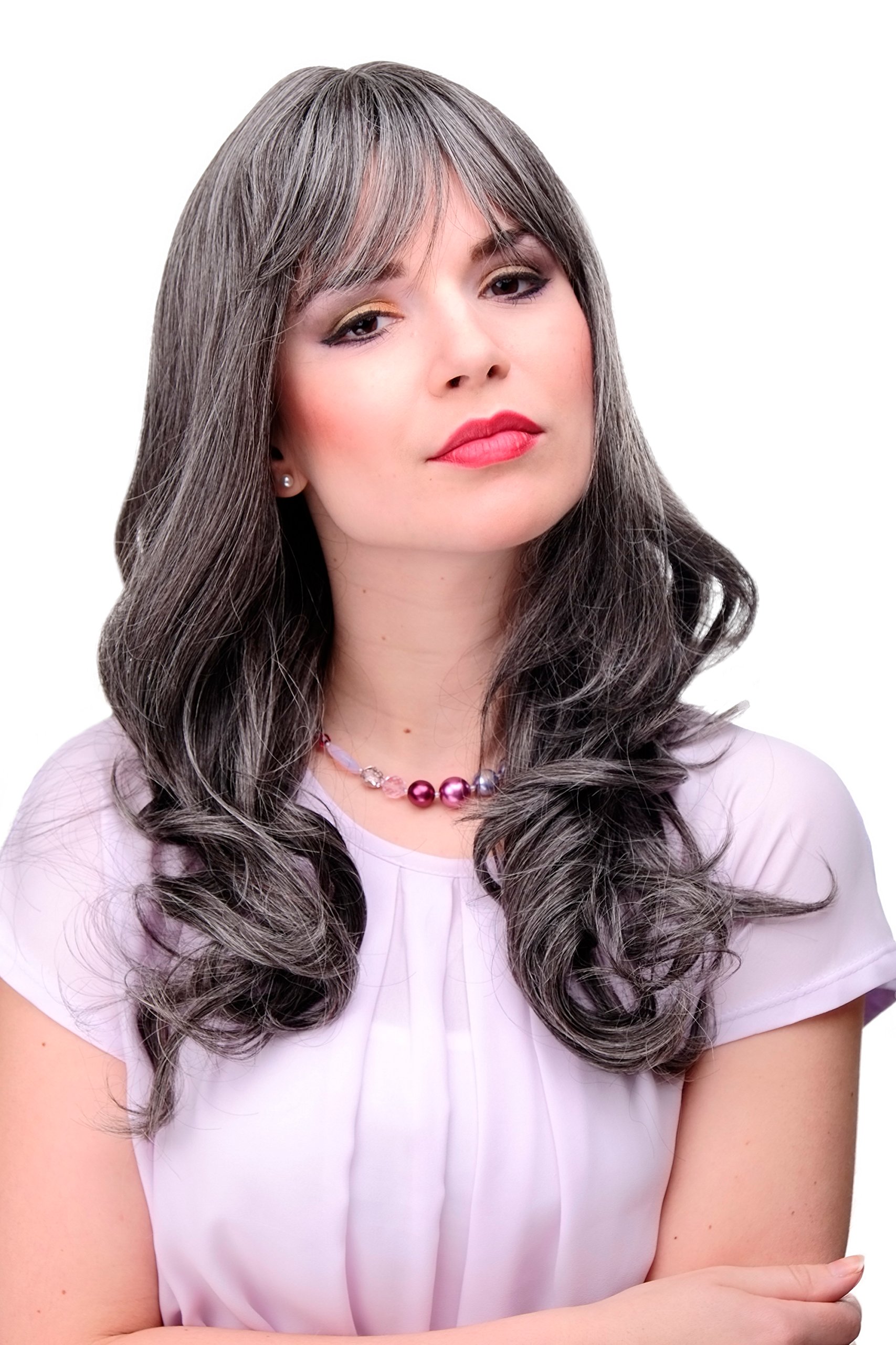 WIG ME UP 3001-44 Lady Quality Cosplay Wig very long beautiful curling ends fringe bangs dark grey approx 21inch