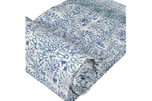 V Vedant Designs Indian Handmade Twin/Queen Kantha Quilt Floral Print Kantha Blue Cotton Bedspread Gudari (Queen Size(90x108) Inches)