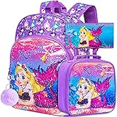 KLFVB 3PCS Unicorn Mermaid Backpack for Girls, 16" Sequin Kids Bookbag and Lunch Box, Preschool Backpacks for Elementary